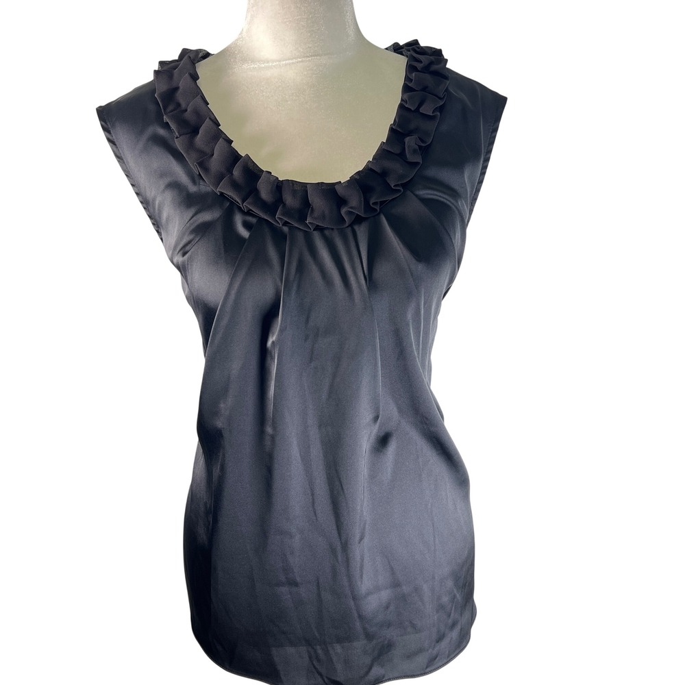 212 Collection Womens XL Black Satin Ruffle Neck Sleeveless Stretch Blouse Top